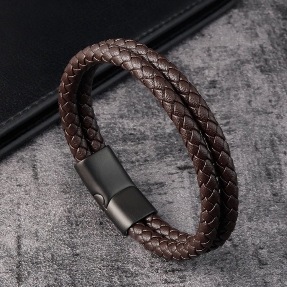 Men's Cowhide Leather Braided Bracelet Bangle Stainless Steel Magnetic Clasp